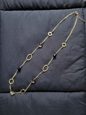 Silver Tone Long Chain Necklace with Black and Smoky Beads